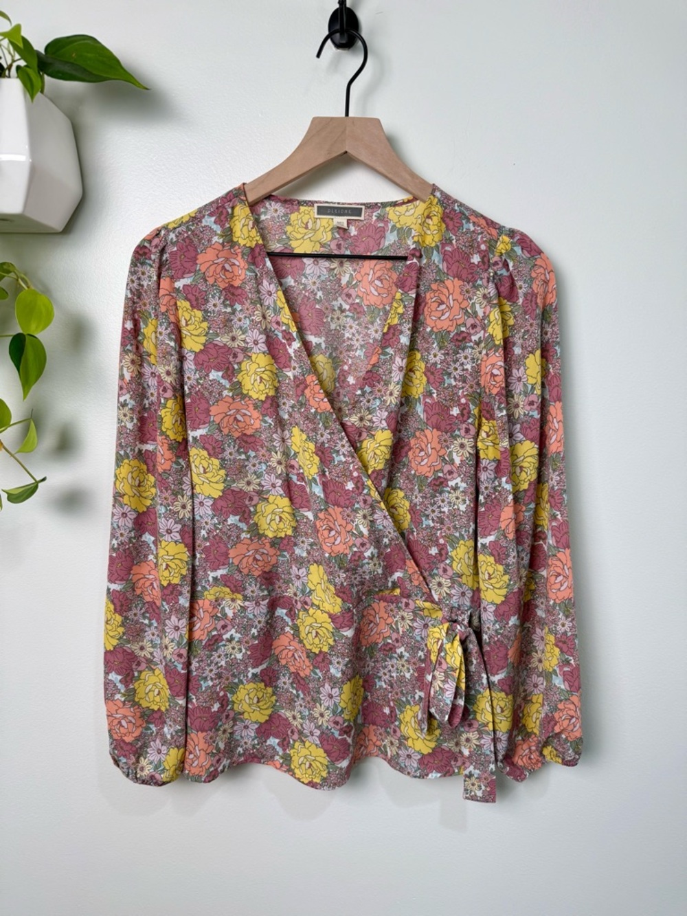 Pleione Floral Wrap Blouse Tie Waist Peplum Long Sleeve Pink Yellow Spring M